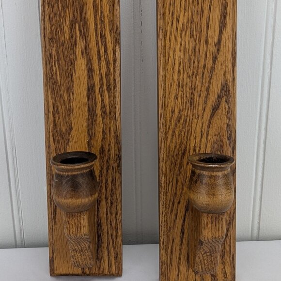 Vintage Wood Wall Sconces Set of 2 Candlestick Holders 14" Primitive Home Decor - Picture 1 of 6